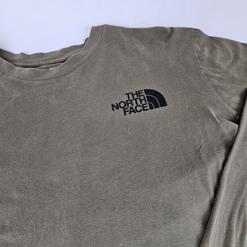 The North Face Mens Large Long Sleeve T Shirt Olive Green Logo Sleeve Graphic